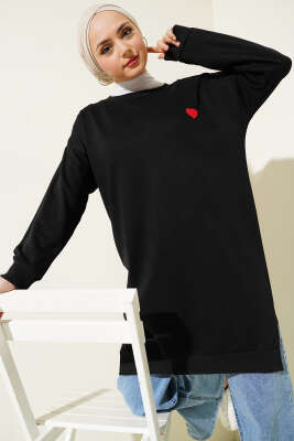 Kalp Nakışlı Uzun Tunik Siyah - Thumbnail