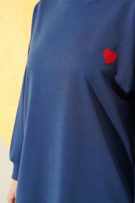 Kalp Nakışlı Uzun Tunik İndigo - Thumbnail