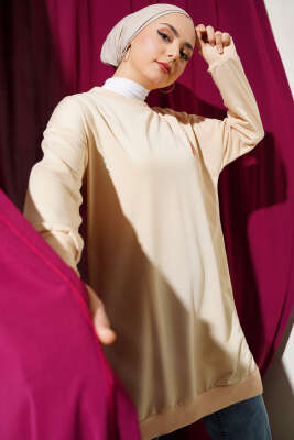 Kalp Nakışlı Uzun Tunik Bej - Thumbnail