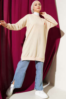 Kalp Nakışlı Uzun Tunik Bej - Thumbnail