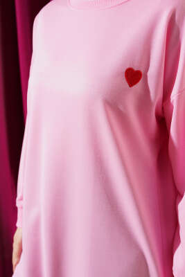 Kalp Nakışlı Uzun Tunik Pembe - Thumbnail