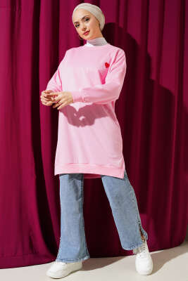 Kalp Nakışlı Uzun Tunik Pembe - Thumbnail