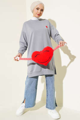 Kalp Nakışlı Uzun Tunik Gri - Thumbnail