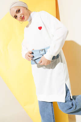 Kalp Nakışlı Uzun Tunik Ekru - Thumbnail