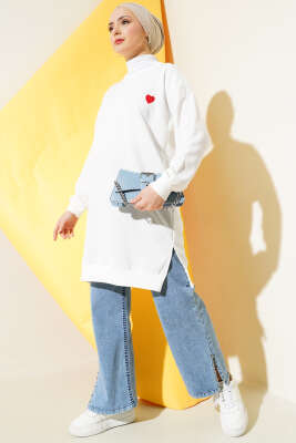 Kalp Nakışlı Uzun Tunik Ekru - Thumbnail