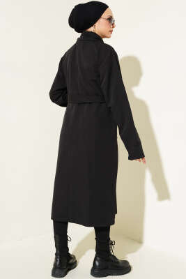 Kuşaklı Düğmeli Kruvaze Yaka Trençkot Siyah - Thumbnail