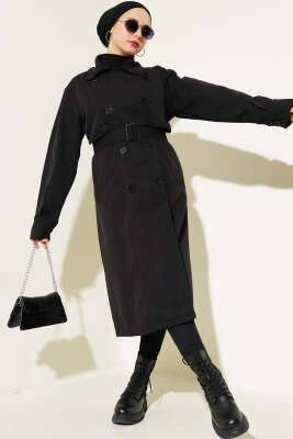 Kuşaklı Düğmeli Kruvaze Yaka Trençkot Siyah - Thumbnail