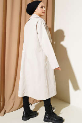 Kuşaklı Düğmeli Kruvaze Yaka Trençkot Bej - Thumbnail