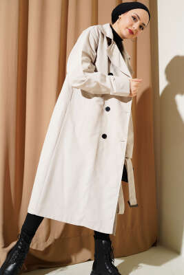 Kuşaklı Düğmeli Kruvaze Yaka Trençkot Bej - Thumbnail