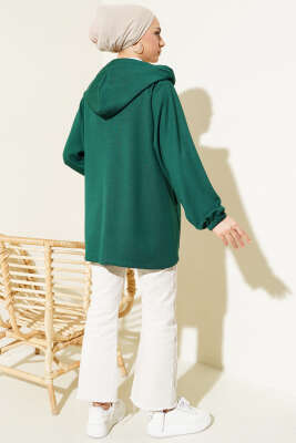 Kapüşonlu Çift Cep Kapaklı Hırka Zümrüt - Thumbnail