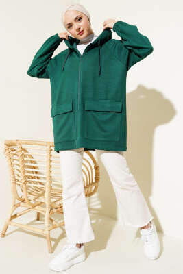 Kapüşonlu Çift Cep Kapaklı Hırka Zümrüt - Thumbnail