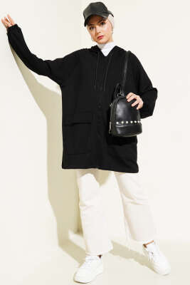 Kapüşonlu Çift Cep Kapaklı Hırka Siyah - Thumbnail