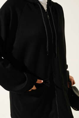 Kapüşonlu Çift Cep Kapaklı Hırka Siyah - Thumbnail