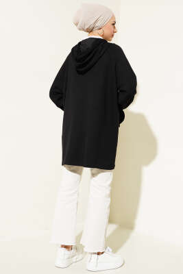 Kapüşonlu Çift Cep Kapaklı Hırka Siyah - Thumbnail