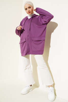 Kapüşonlu Çift Cep Kapaklı Hırka Magenta - Thumbnail