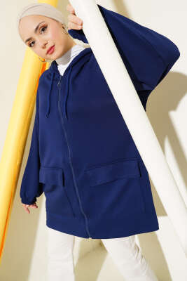 Kapüşonlu Çift Cep Kapaklı Hırka Lacivert - Thumbnail