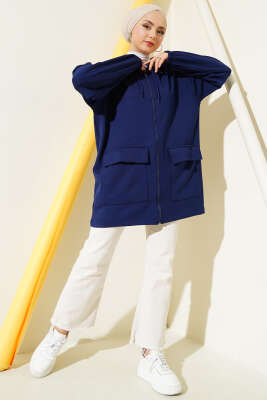 Kapüşonlu Çift Cep Kapaklı Hırka Lacivert - Thumbnail
