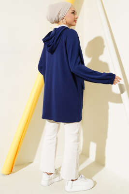 Kapüşonlu Çift Cep Kapaklı Hırka Lacivert - Thumbnail