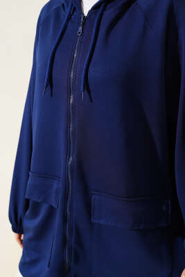 Kapüşonlu Çift Cep Kapaklı Hırka Lacivert - Thumbnail