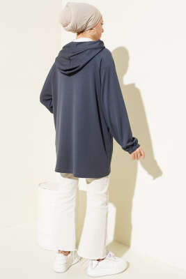 Kapüşonlu Çift Cep Kapaklı Hırka Füme - Thumbnail