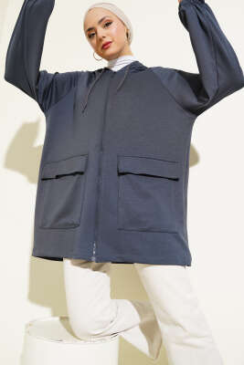 Kapüşonlu Çift Cep Kapaklı Hırka Füme - Thumbnail