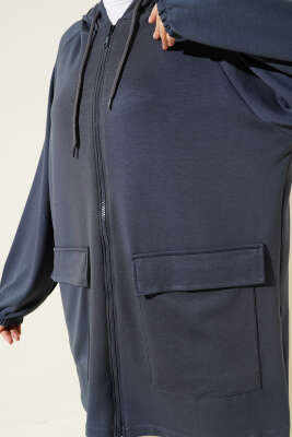 Kapüşonlu Çift Cep Kapaklı Hırka Füme - Thumbnail