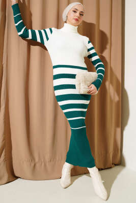 Boğazlı Çizgili Fitilli Triko Elbise Zümrüt - Thumbnail