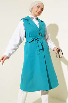 Pazarium - Kuşaklı Sıfır Kol Trençkot Petrol Yeşili