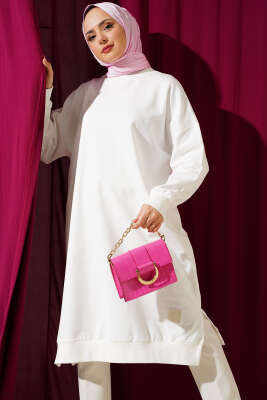 Pazarium - Arma Detaylı Yırtmaçlı Uzun Tunik Ekru