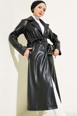 Kuşaklı Kruvaze Yaka Deri Trençkot Siyah - Thumbnail