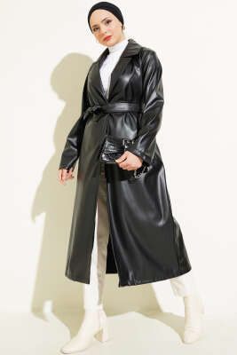 Kuşaklı Kruvaze Yaka Deri Trençkot Siyah - Thumbnail