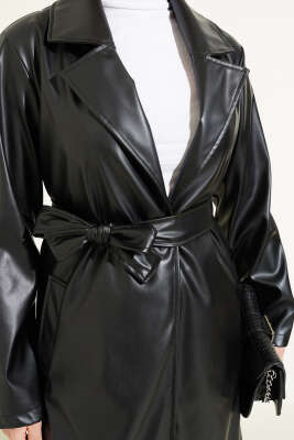 Kuşaklı Kruvaze Yaka Deri Trençkot Siyah - Thumbnail