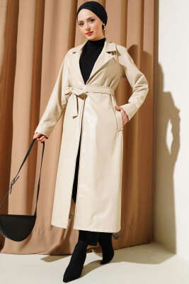 Kuşaklı Kruvaze Yaka Deri Trençkot Bej - Thumbnail