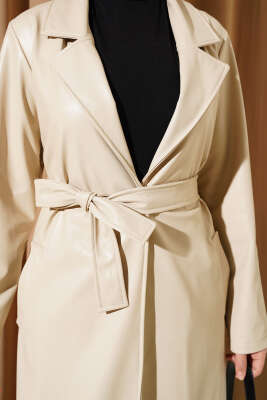 Kuşaklı Kruvaze Yaka Deri Trençkot Bej - Thumbnail
