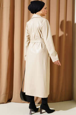 Kuşaklı Kruvaze Yaka Deri Trençkot Bej - Thumbnail