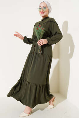 Pazarium - Önü Yarım Düğmeli Kat Kat Elbise Koyu Haki