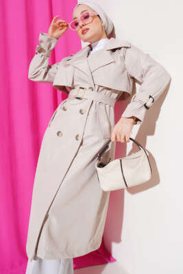 Bileği Kuşaklı Düğmeli Trençkot Taş - Thumbnail