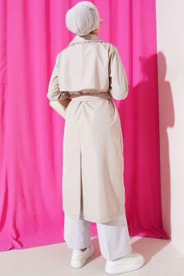 Bileği Kuşaklı Düğmeli Trençkot Taş - Thumbnail