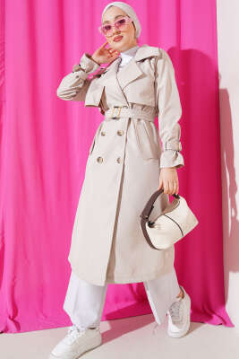 Bileği Kuşaklı Düğmeli Trençkot Taş - Thumbnail