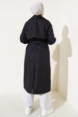 Bileği Kuşaklı Düğmeli Trençkot Siyah - Thumbnail
