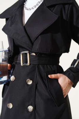 Bileği Kuşaklı Düğmeli Trençkot Siyah - Thumbnail