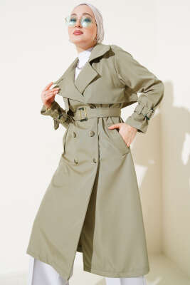Bileği Kuşaklı Düğmeli Trençkot Nefti - Thumbnail