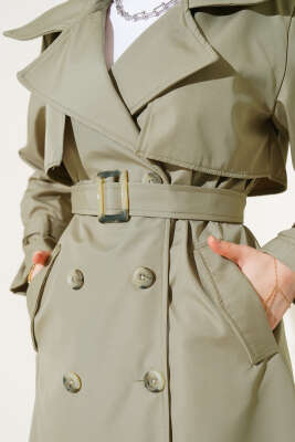 Bileği Kuşaklı Düğmeli Trençkot Nefti - Thumbnail