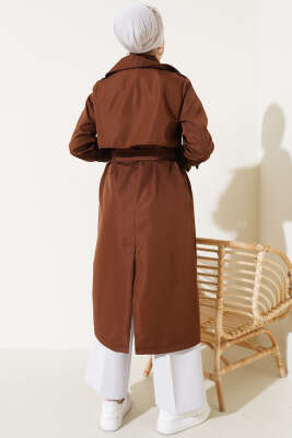 Bileği Kuşaklı Düğmeli Trençkot Kahve - Thumbnail