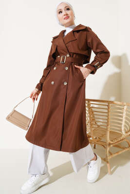 Bileği Kuşaklı Düğmeli Trençkot Kahve - Thumbnail