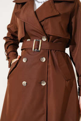 Bileği Kuşaklı Düğmeli Trençkot Kahve - Thumbnail
