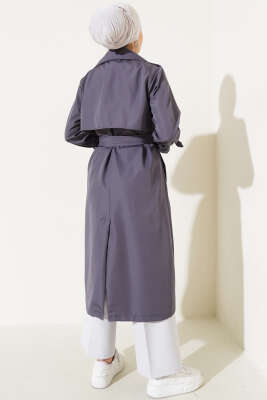 Bileği Kuşaklı Düğmeli Trençkot Füme - Thumbnail