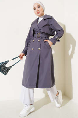 Bileği Kuşaklı Düğmeli Trençkot Füme - Thumbnail