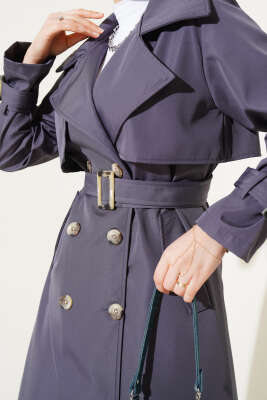 Bileği Kuşaklı Düğmeli Trençkot Füme - Thumbnail