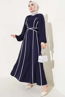 Pazarium - Biyeli Kendinden Kuşaklı Elbise Lacivert